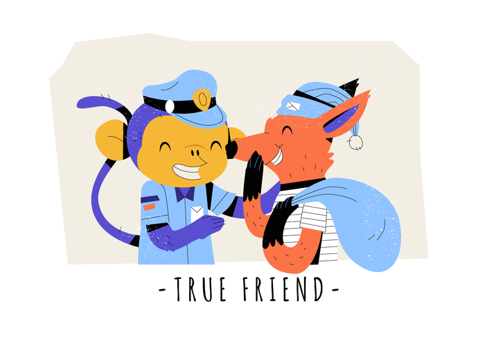 Wahre Freundschaft lustige Affe und Fox Vektor flache Illustration