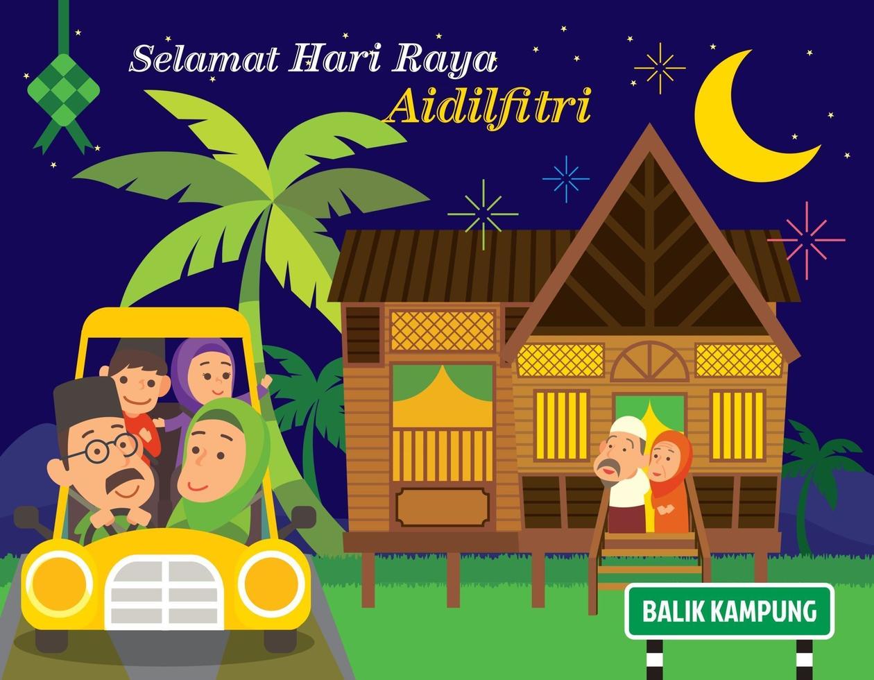 muslimische familie mit dem auto zurück in die heimatstadt, um sich mit großeltern zu treffen, um das muslimische festival hari raya im traditionellen malaiischen dorfhaus zu feiern vektor