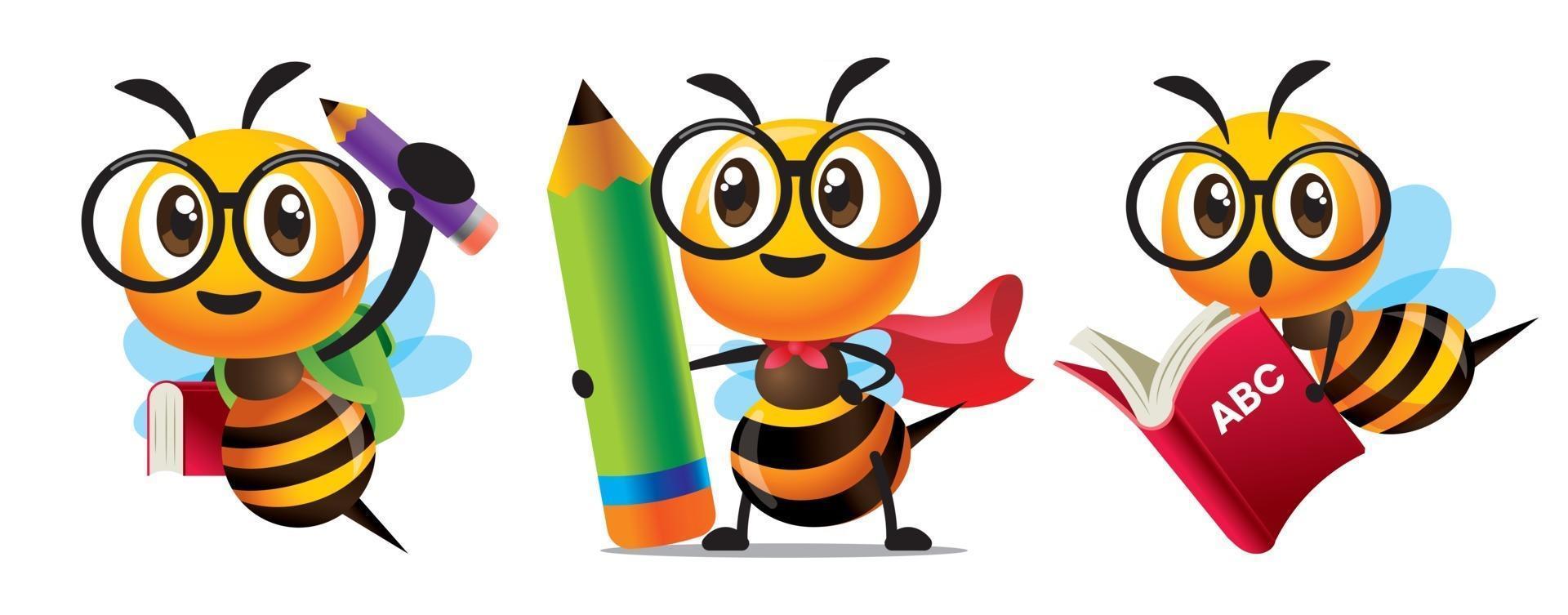 tecknad söt bi tillbaka till skolan med en stor inlärningsbok och stora pennor eller superhjälte bi slitage kappa håller penna vektor