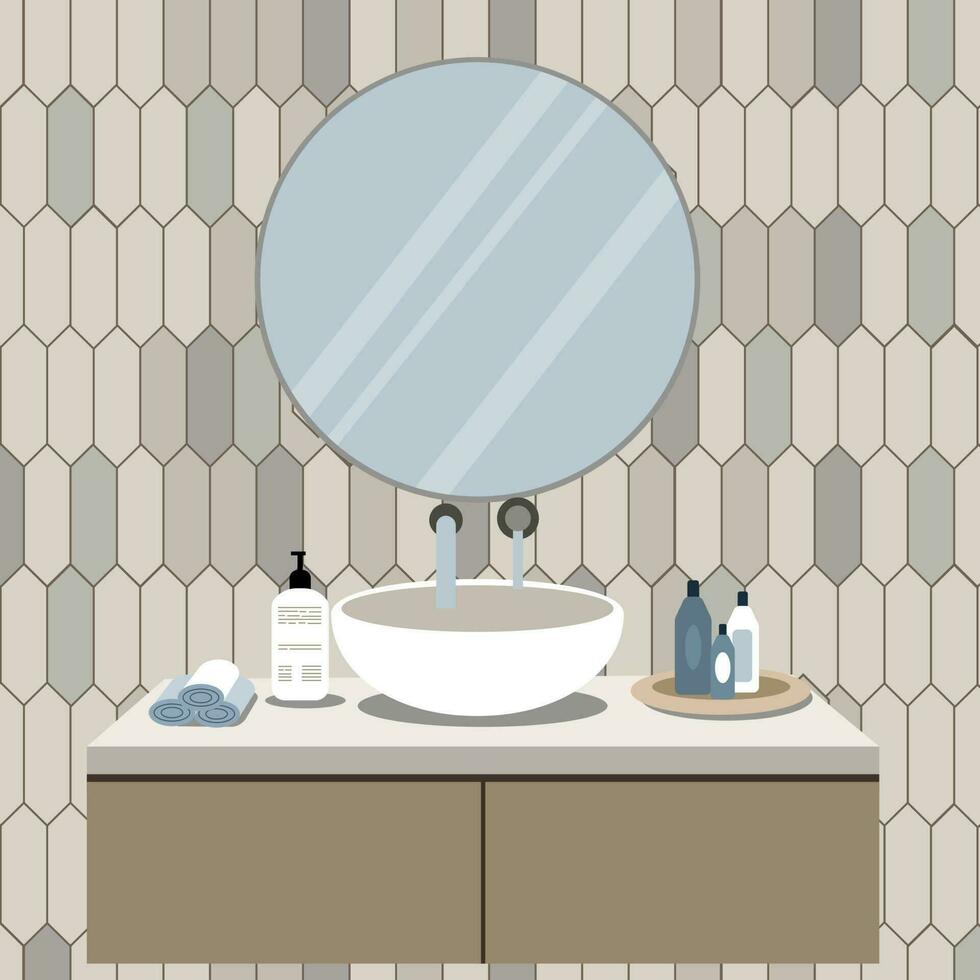 Badezimmer sinken mit Spiegel, Flaschen, Seife, Handtücher. Mode Vektor Illustration im eben Stil.