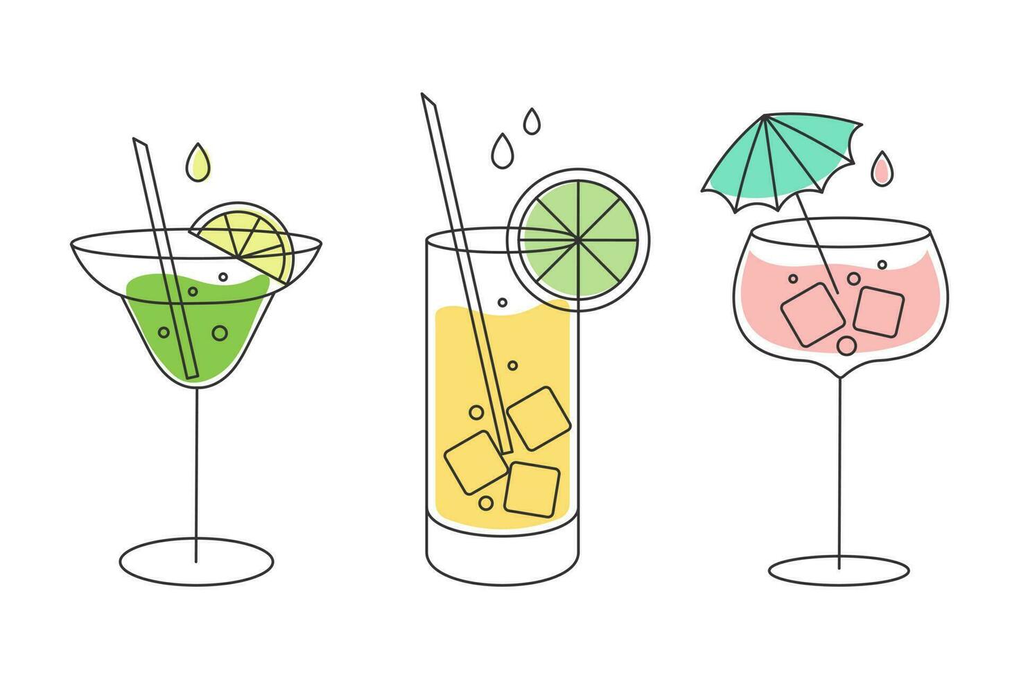 ein einstellen von linear Zeichnungen von erfrischend Obst Cocktails mit anders Getränke, Eis Würfel, Strohhalme und Regenschirme. Getränke Symbole, Cafe Speisekarte, Vektor