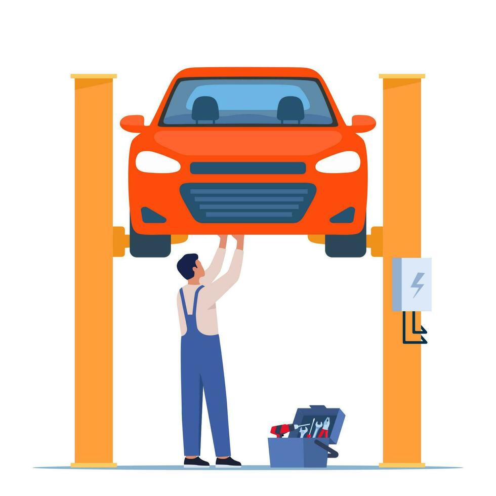 Auto Reparatur. Auto Mechaniker in der Nähe von das Auto angehoben auf Autolifte. Auto Bedienung und Reparatur, Diagnose. Auto Service. Vektor Illustration.