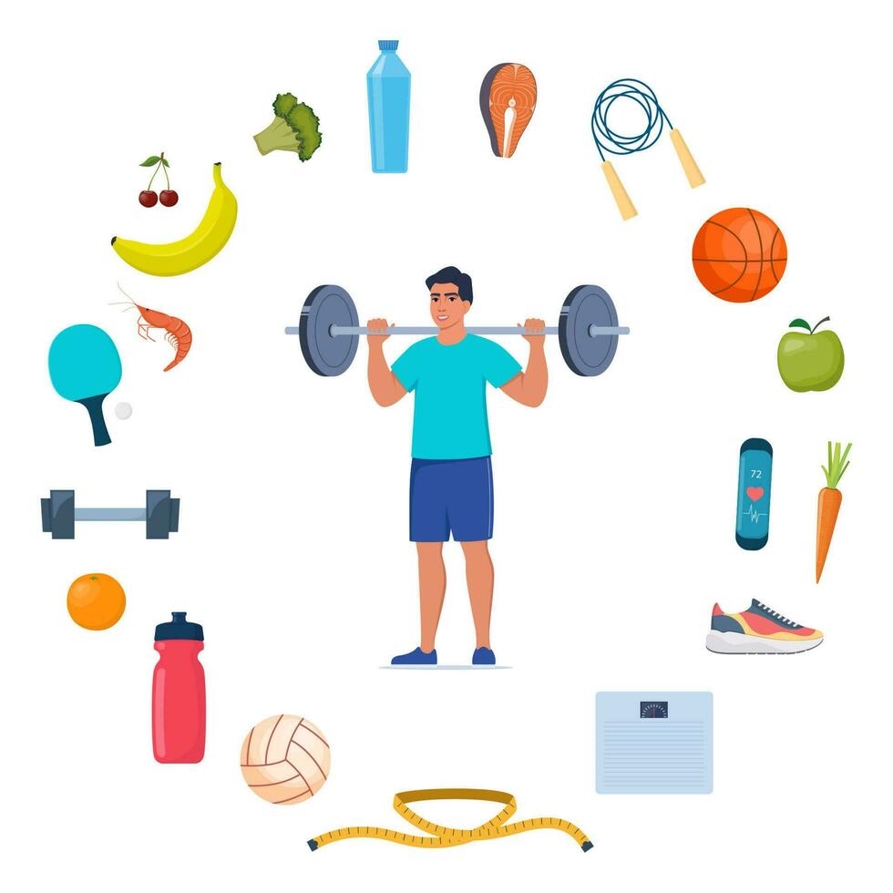 Mann tun Hantel Übung. Symbole von gesund Essen, Gemüse und Sport Ausrüstung zum anders Sport um ihn. gesund Lebensstil Konzept. Vektor Illustration.