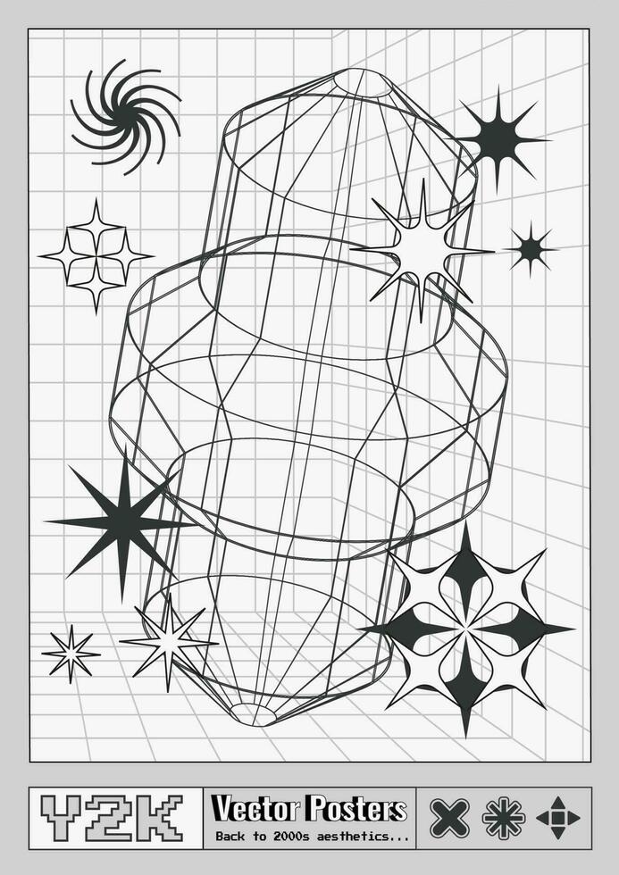 trendig y2k affisch med geometrisk vektor 3d trådmodell modell och retro stjärnor och symboler.