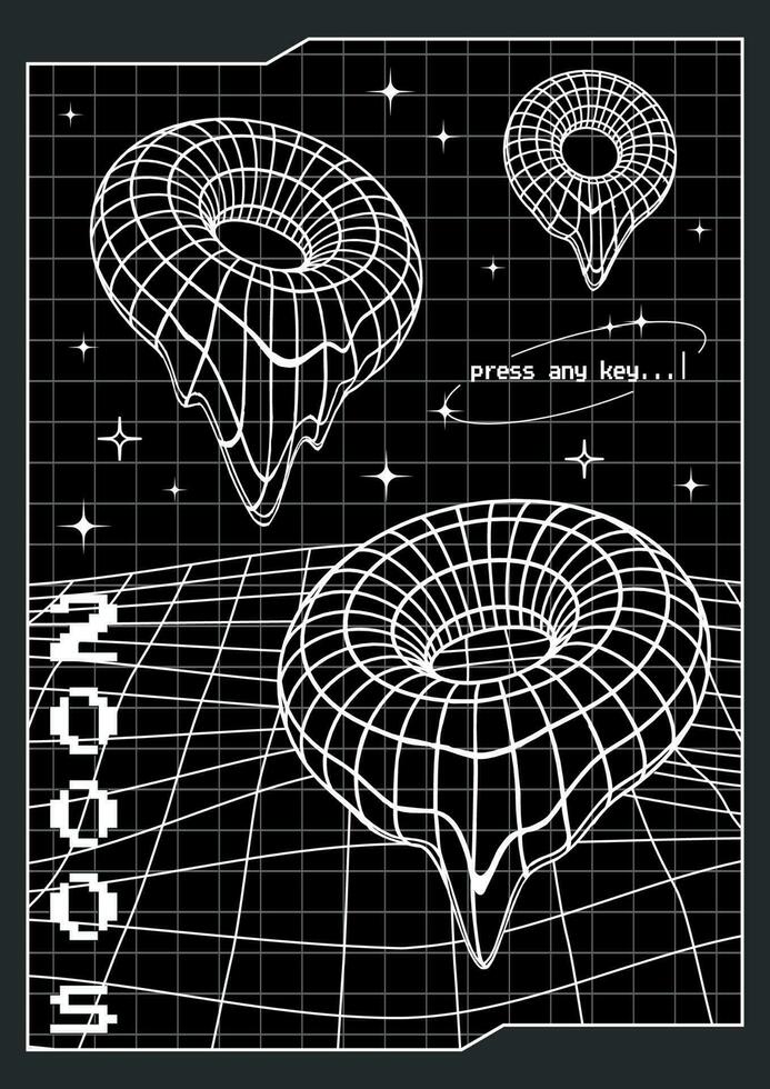trendig y2k affisch med 3d vektor smältande toruses och stjärnor på en rutnät bakgrund. vertikal baner i 2000-talet estetisk.