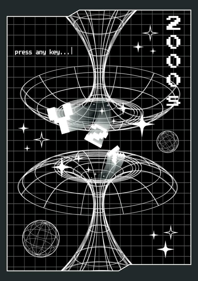 modisch y2k Poster mit 3d Vektor Tunnel und Sterne auf ein Gitter Hintergrund. Vertikale Banner im 2000er ästhetisch.