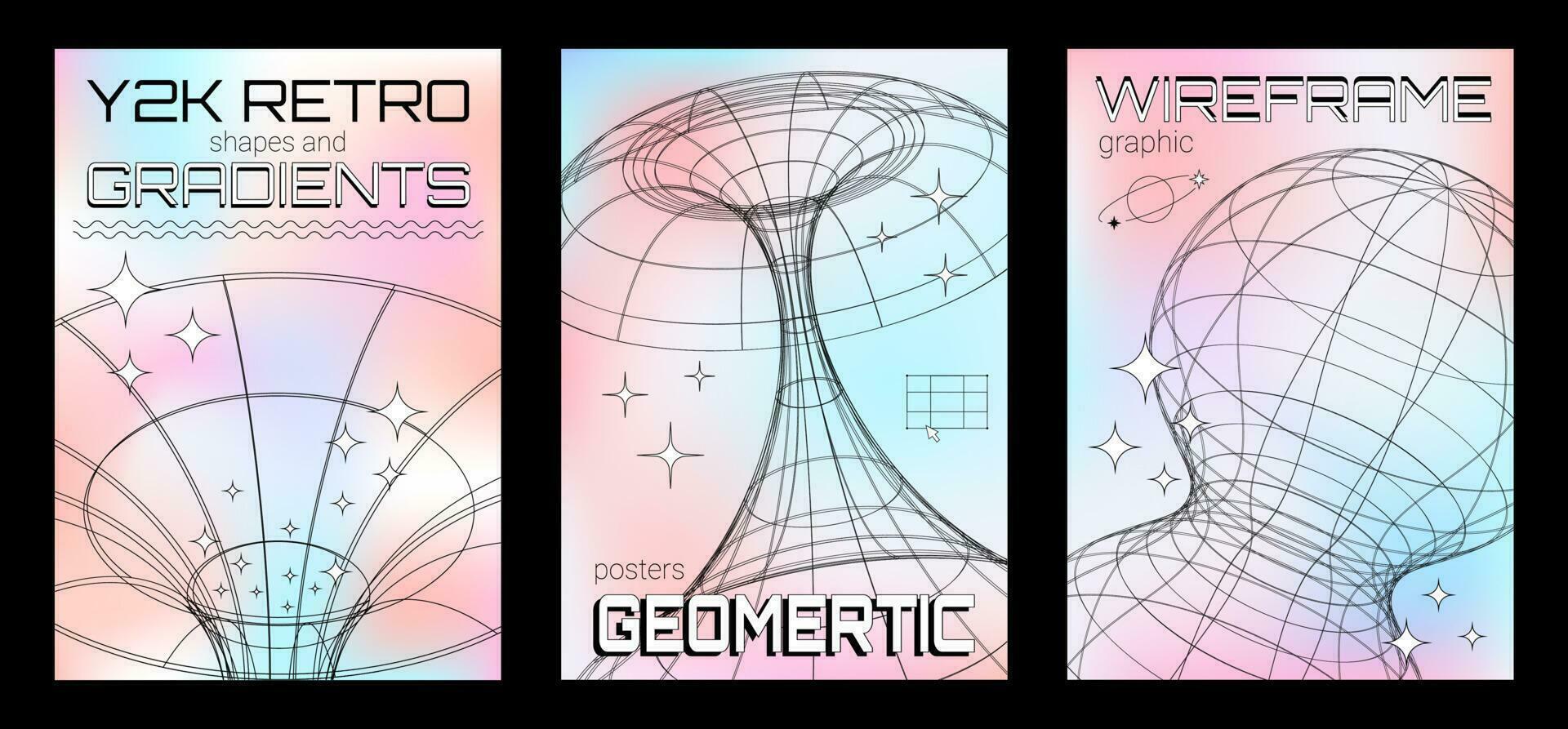 y2k trendig affisch samling, posters med mjuk lutning bakgrund och 3d maska geometrisk former i 2000-talet estetisk. vektor