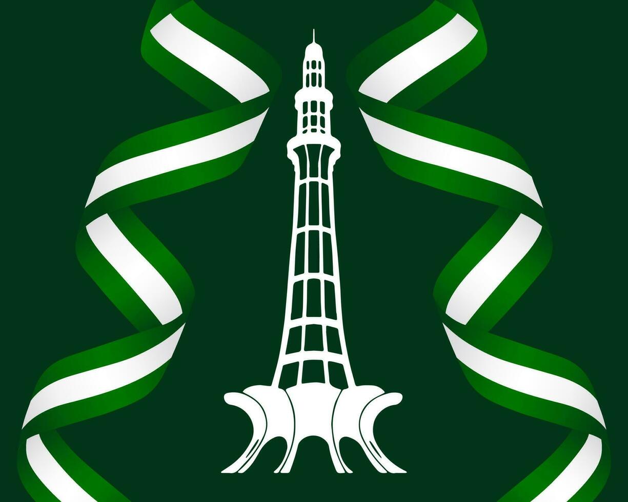 Pakistan Tag, 23 Marsch. das Minarett von Pakistan und Grün und Weiß Bänder auf ein Grün Hintergrund. Poster, Glückwunsch Banner, Vektor