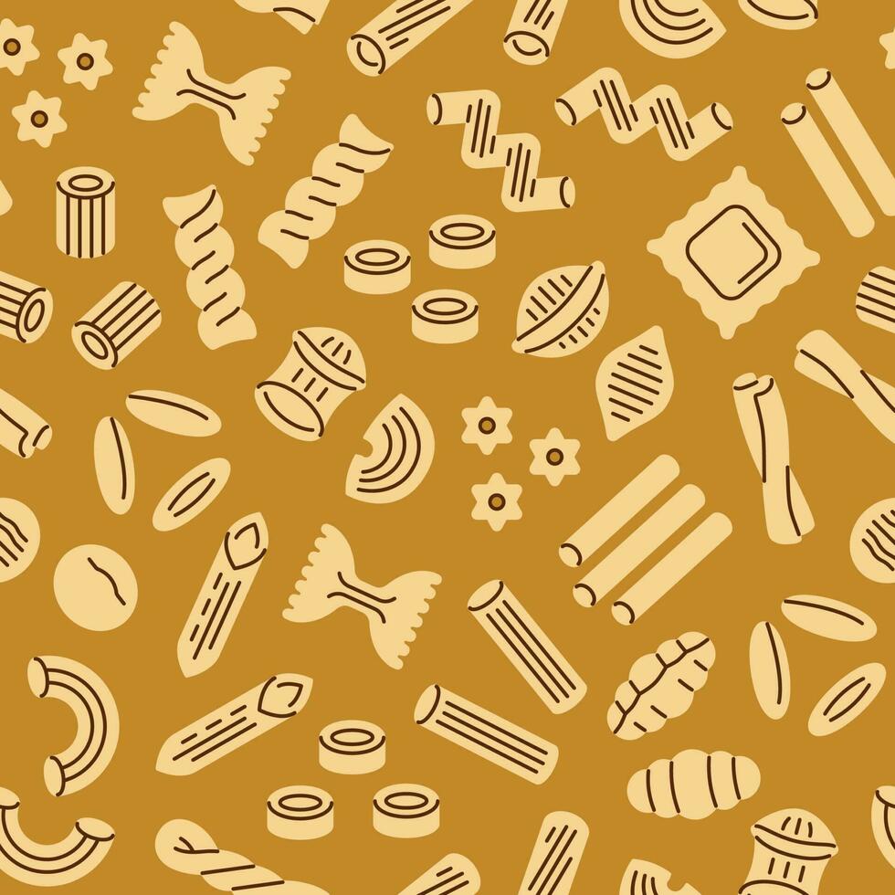 Pasta nahtlos Muster. Vektor Hintergrund mit Italienisch Nudel, Fusilli, Makkaroni, Ravioli, Spaghetti. Essen eben bunt Illustration.