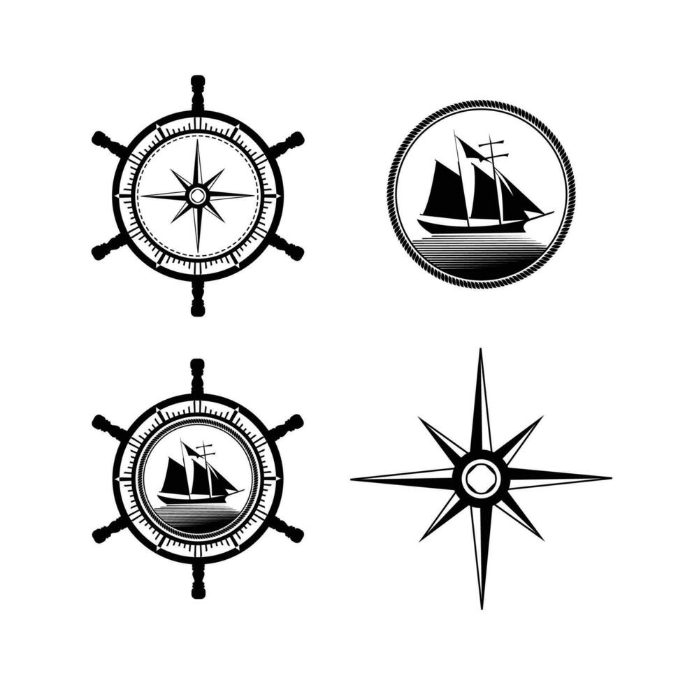 nset av årgång nautisk etiketter, ikoner och design element, ankare sjöman - hav hjul kompass symbol tema vektor