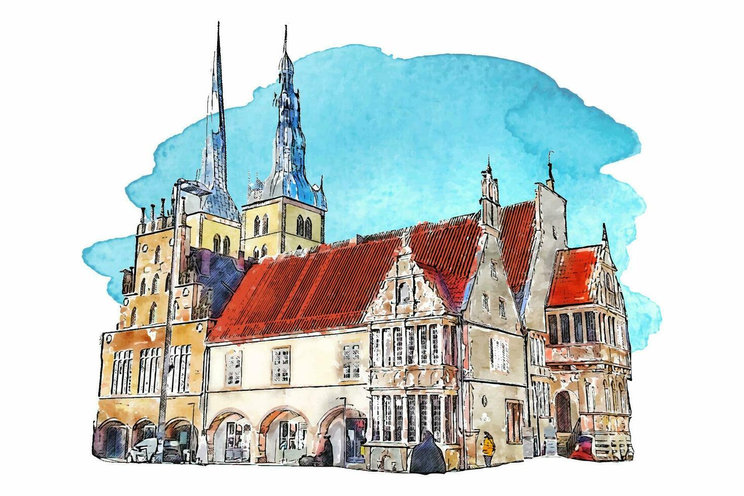 die Architektur Lemgo Deutschland Aquarell Hand gezeichnet Illustration isoliert auf Weiß Hintergrund vektor