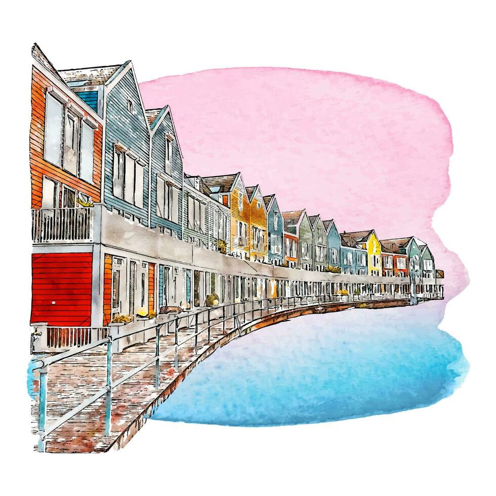 die Architektur houten rietplas Holland Aquarell Hand gezeichnet Illustration isoliert auf Weiß Hintergrund vektor