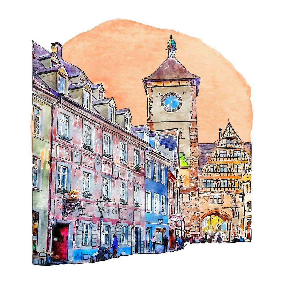 die Architektur Freiburg Deutschland Aquarell Hand gezeichnet Illustration isoliert auf Weiß Hintergrund vektor