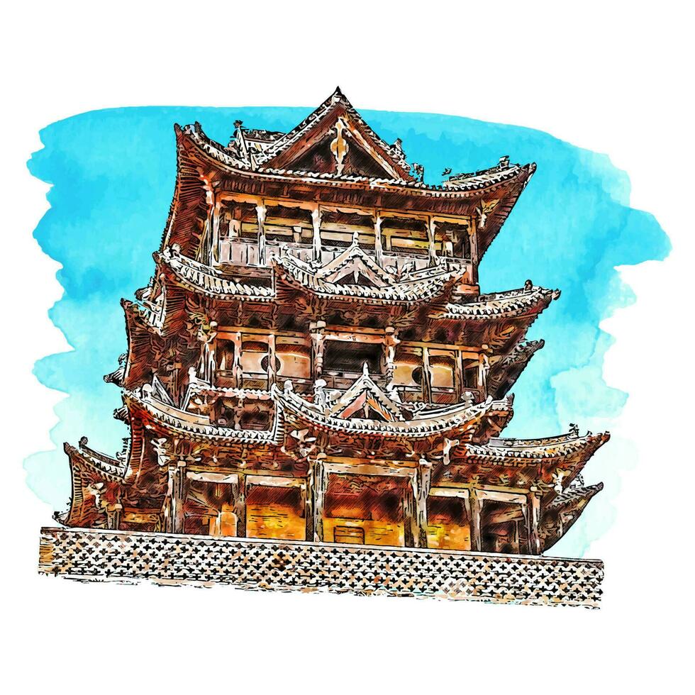 arkitektur Kina vattenfärg hand dragen illustration isolerat på vit bakgrund vektor