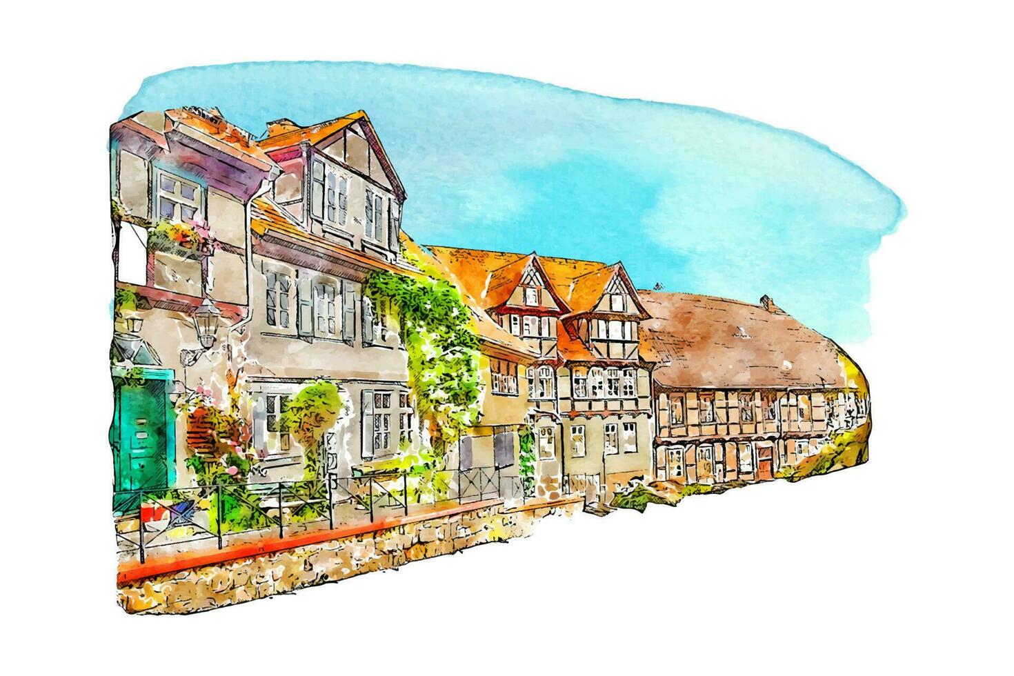 schlossberg quedlinburg Tyskland vattenfärg hand dragen illustration isolerat på vit bakgrund vektor