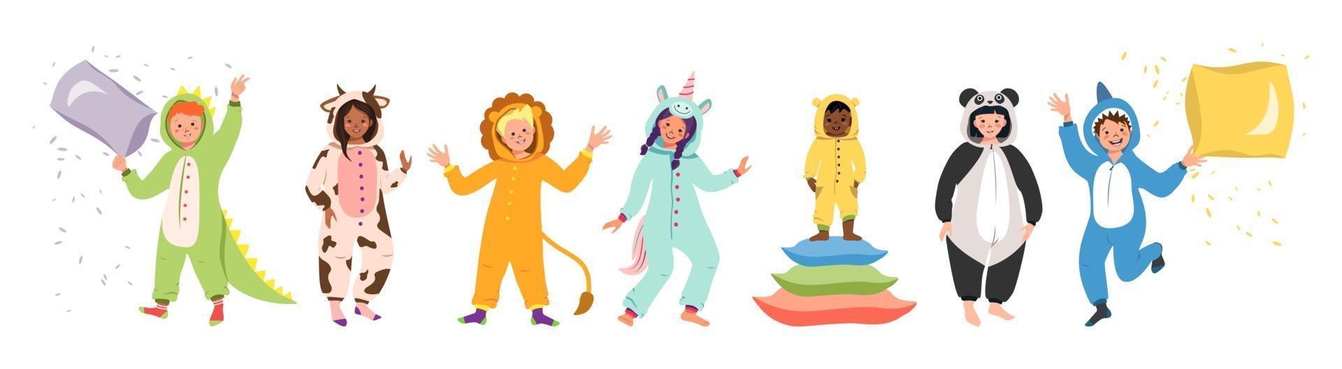 Kinder Pyjama Party Set von Kindern tragen Overalls oder Kigurumi von verschiedenen Tieren Karneval Kostüme vektor