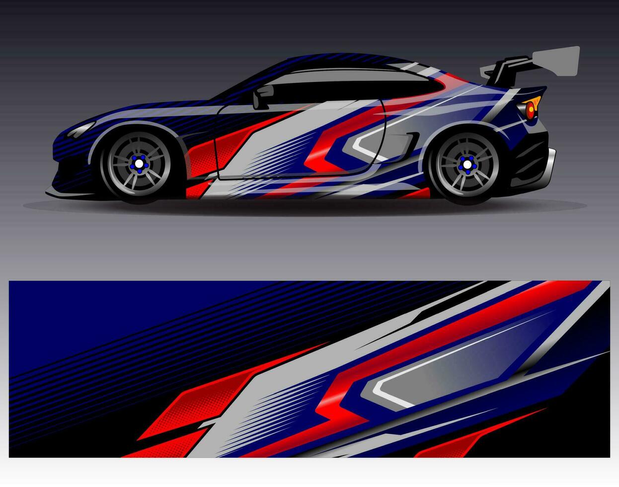 bil wrap design vektor. grafisk abstrakt stripe racing bakgrund kit designs för wrap fordon racer bil rally äventyr och livery vektor