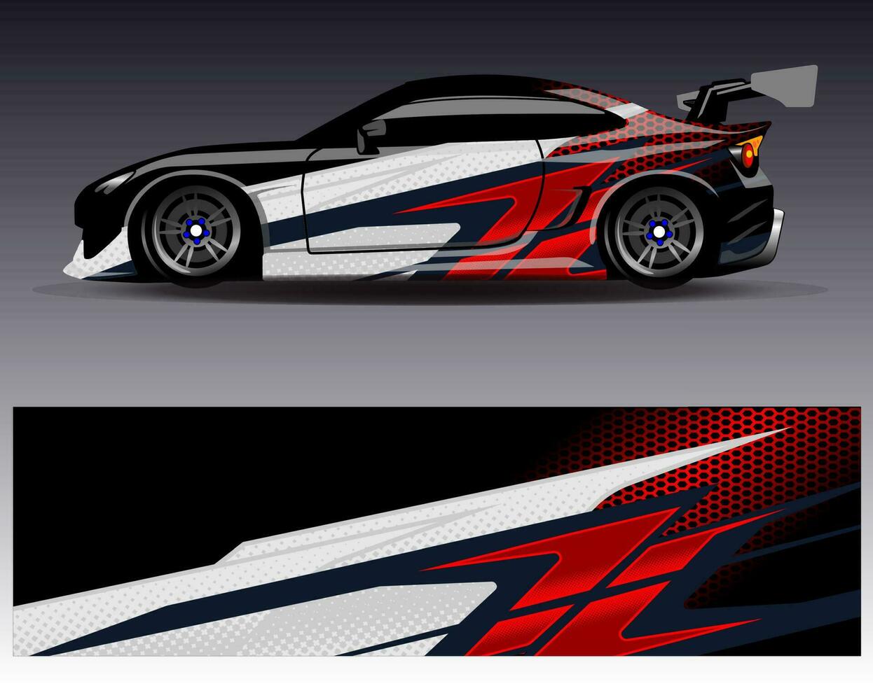 bil wrap design vektor. grafisk abstrakt stripe racing bakgrund kit designs för wrap fordon racer bil rally äventyr och livery vektor