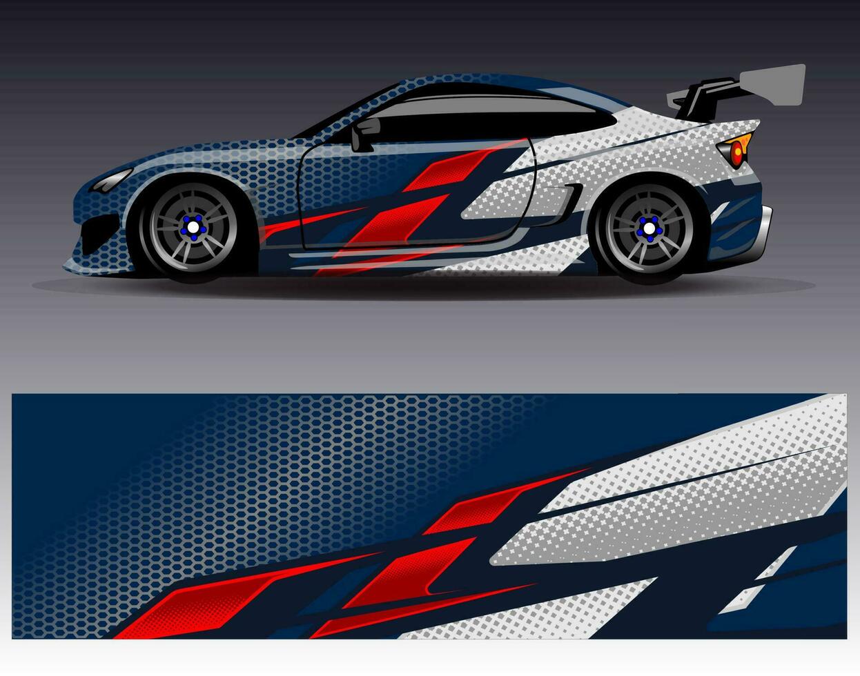 bil wrap design vektor. grafisk abstrakt stripe racing bakgrund kit designs för wrap fordon racer bil rally äventyr och livery vektor