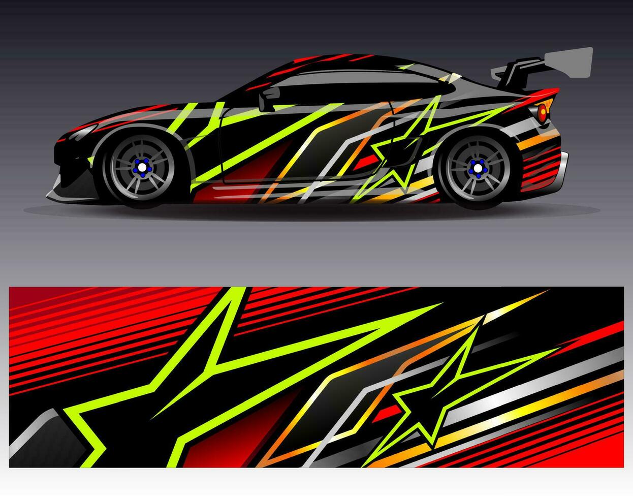 bil wrap design vektor. grafisk abstrakt stripe racing bakgrund kit designs för wrap fordon racer bil rally äventyr och livery vektor