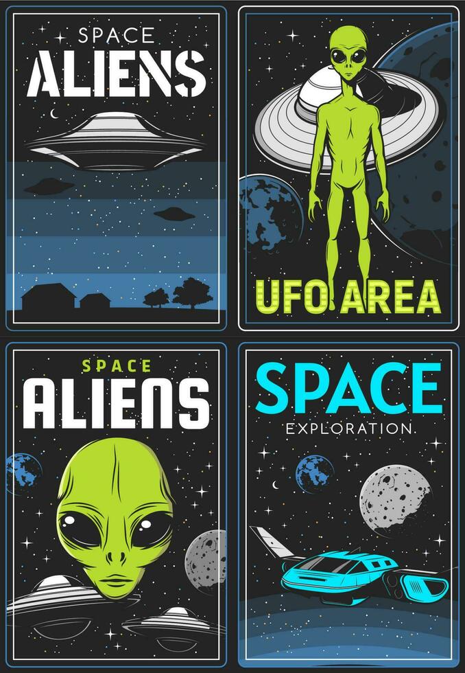 retro Plakate mit Außerirdischer und UFO Bereich Vektor Karten