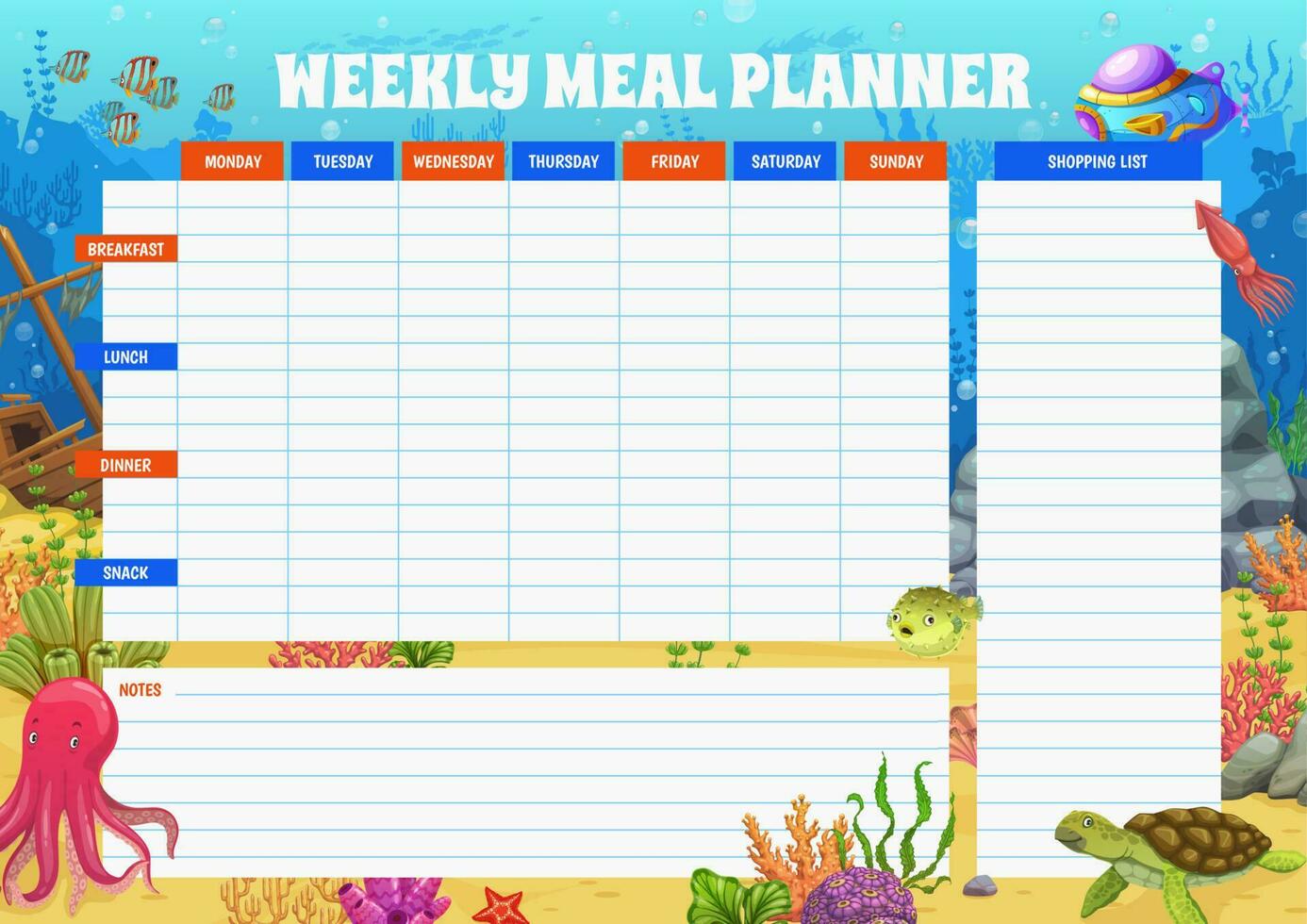 wöchentlich Mahlzeit Planer mit Meer unter Wasser Landschaft vektor