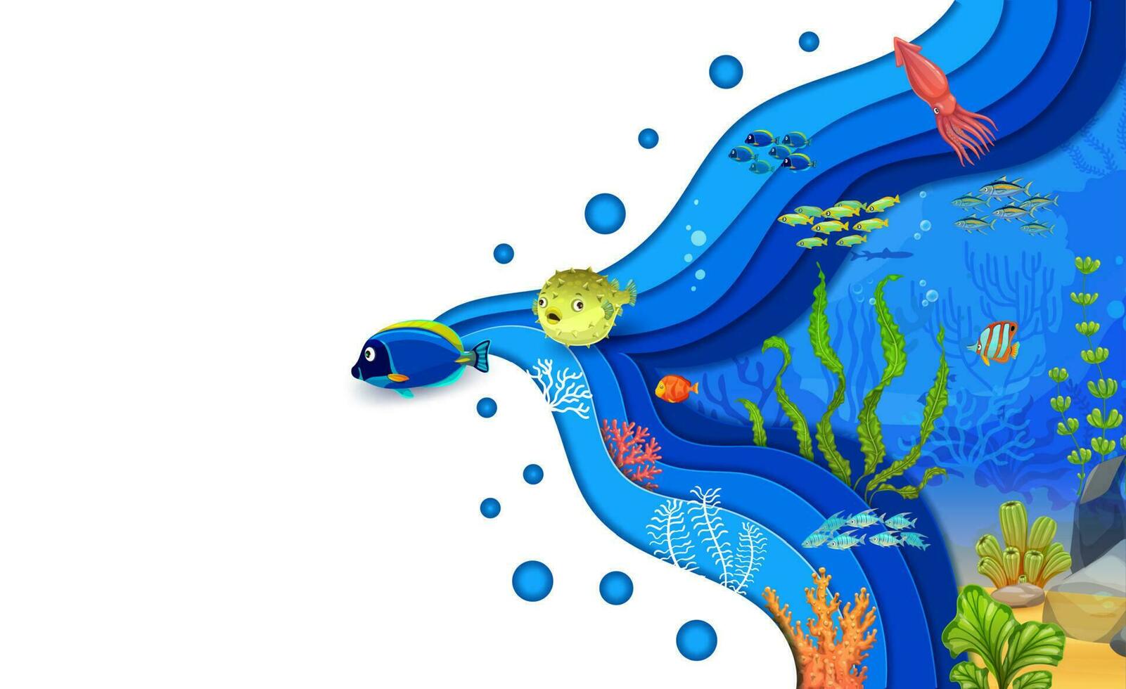 tecknad serie fisk och bläckfisk på hav papper skära landskap vektor
