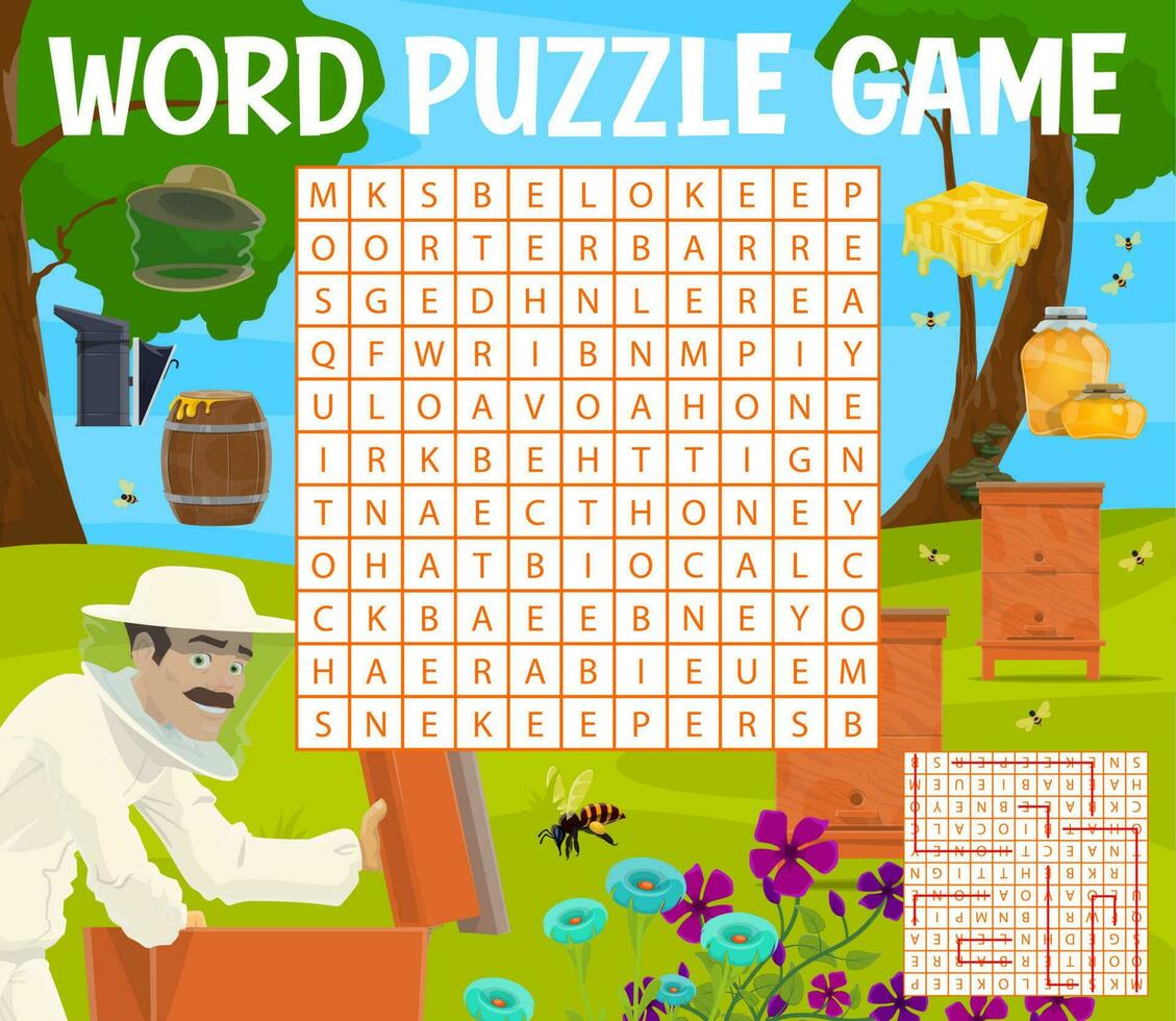 Bienenzucht und Bienenhaus Wort Suche Puzzle Quiz Spiel vektor