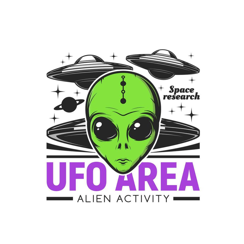 UFO Bereich Symbol mit Außerirdischer Gesicht und fliegend Untertassen vektor