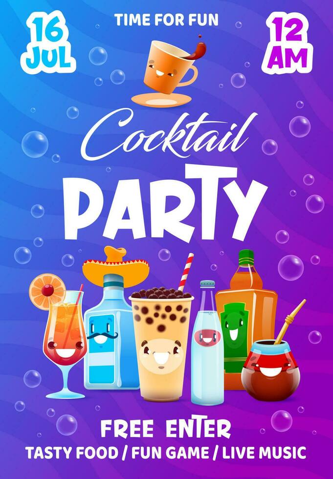 cocktail fest flygblad, tecknad serie drycker tecken vektor