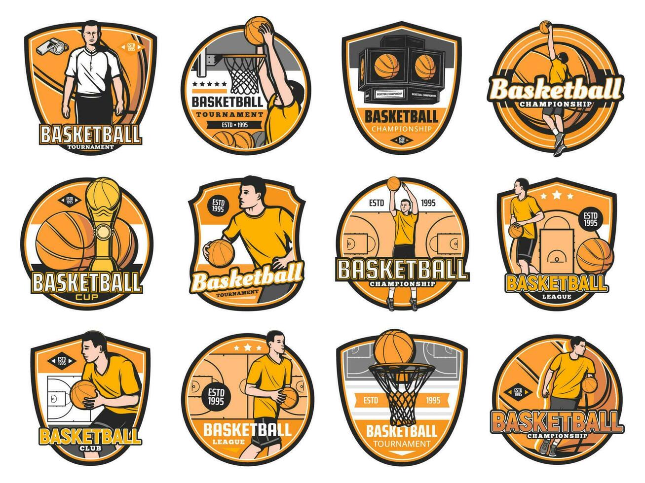 basketboll turnering, mästerskap, klubb emblem vektor