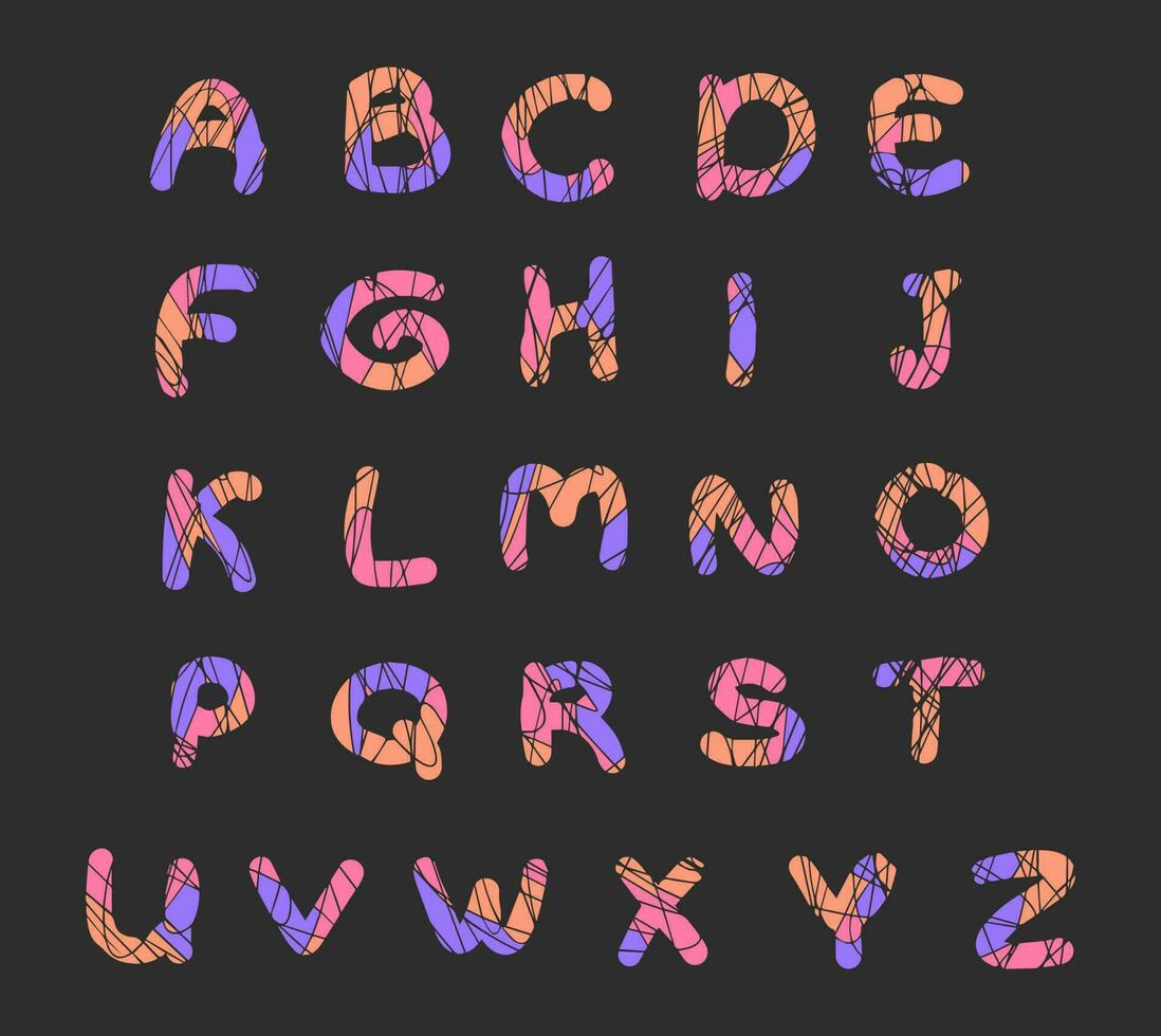 Hauptstadt farbig heiter Mosaik Alphabet Briefe Illustration im Gekritzel Stil. isoliert Vektor Briefe auf ein dunkel Hintergrund.
