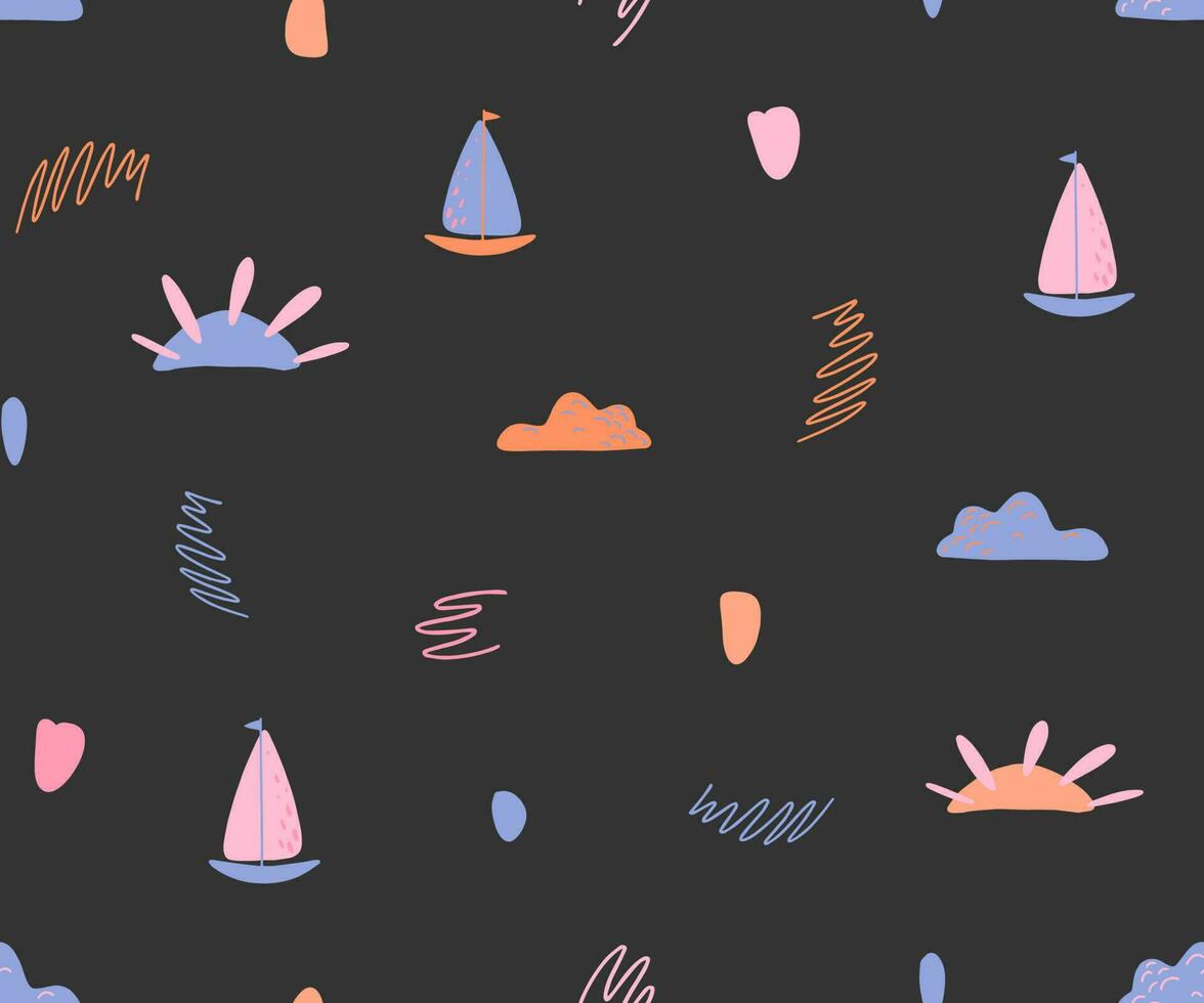 nautisch nahtlos Muster mit süß Boote, Wolken und Sonne, Gekritzel Stil, dekorativ Sommer- Tapeten. vektor
