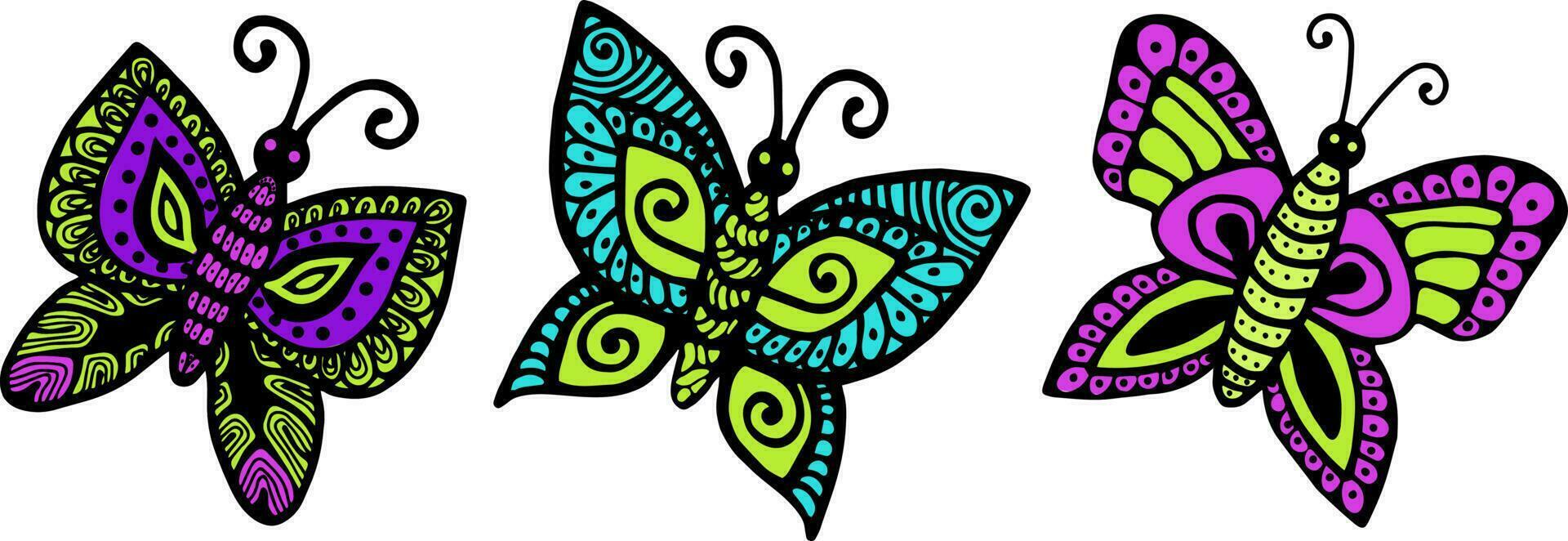 vektor illustration av en uppsättning av ljus fjärilar på en vit bakgrund, vektor fjärilar, tidningar, utskrift på kläder, reklam. skön illustration av en uppsättning av fjärilar.