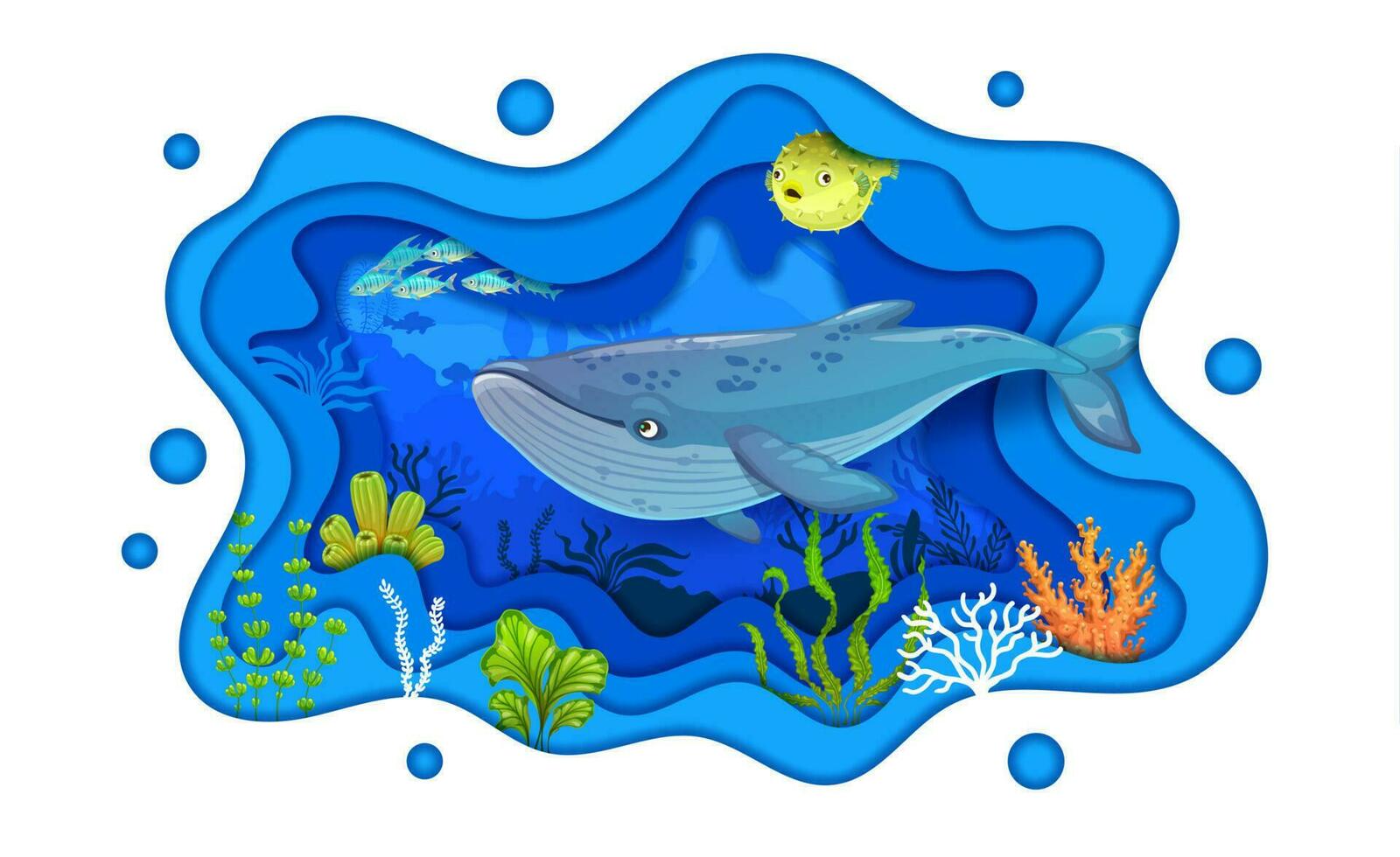 tecknad serie val och fisk stim, under vattnet papper skära vektor