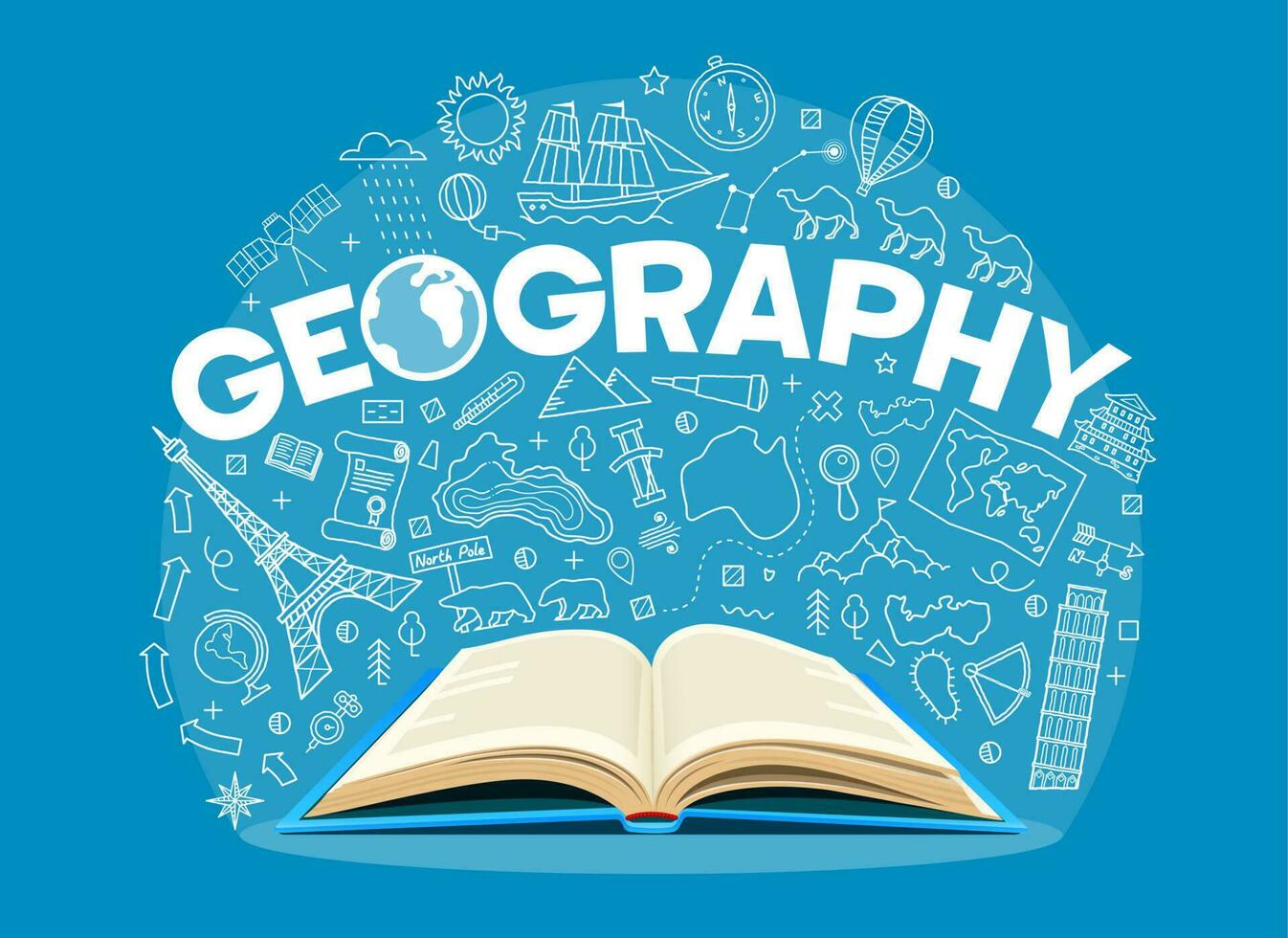 geografi lärobok, översikt skola vetenskap symboler vektor