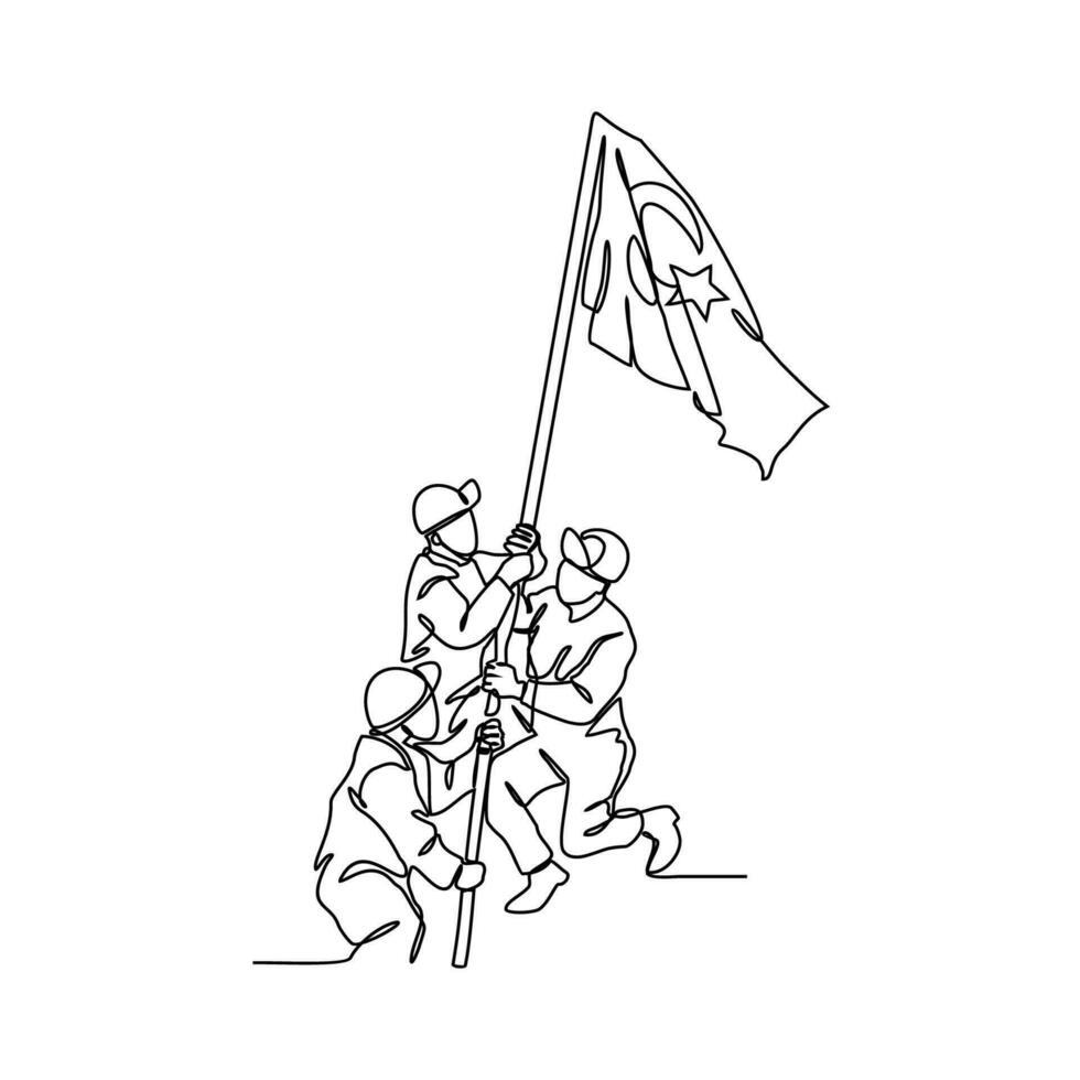 einer kontinuierlich Linie Zeichnung von ein Soldat halten ein Türkisch Flagge. Truthahn patriotisch im einfach linear Stil. Truthahn patriotisch Design Konzept Vektor Illustration