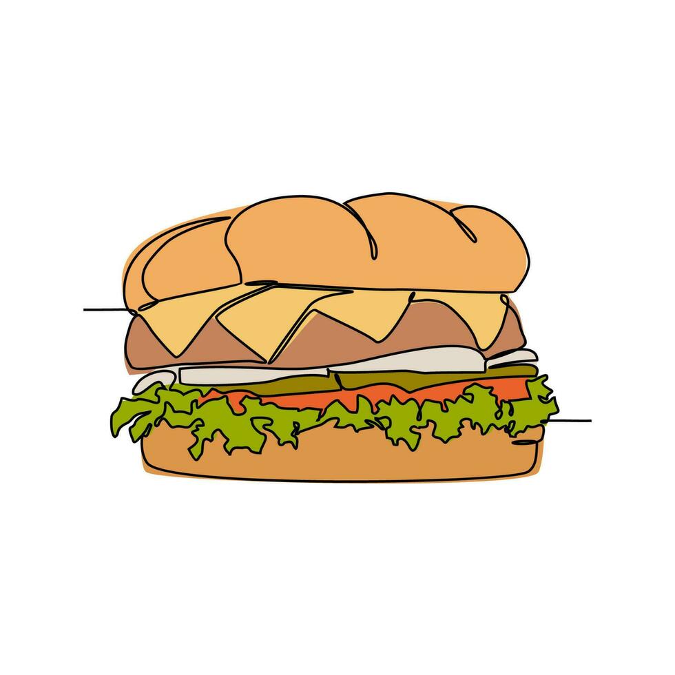ett kontinuerlig linje teckning av en hamburgare. mat illustration i enkel linjär stil. mat design begrepp vektor illustration