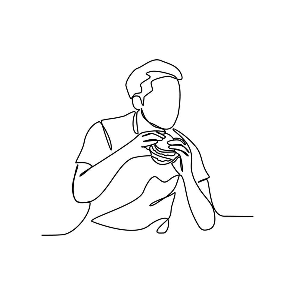 einer kontinuierlich Linie Zeichnung von ein Menschen Essen ein Burger. Essen Illustration im einfach linear Stil. Essen Design Konzept Vektor Illustration