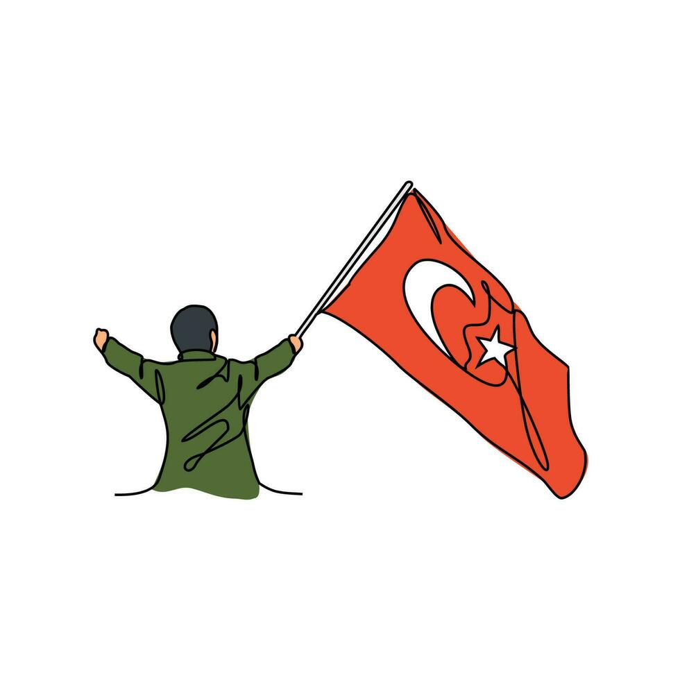 einer kontinuierlich Linie Zeichnung von ein Soldat halten ein Türkisch Flagge. Truthahn patriotisch im einfach linear Stil. Truthahn patriotisch Design Konzept Vektor Illustration