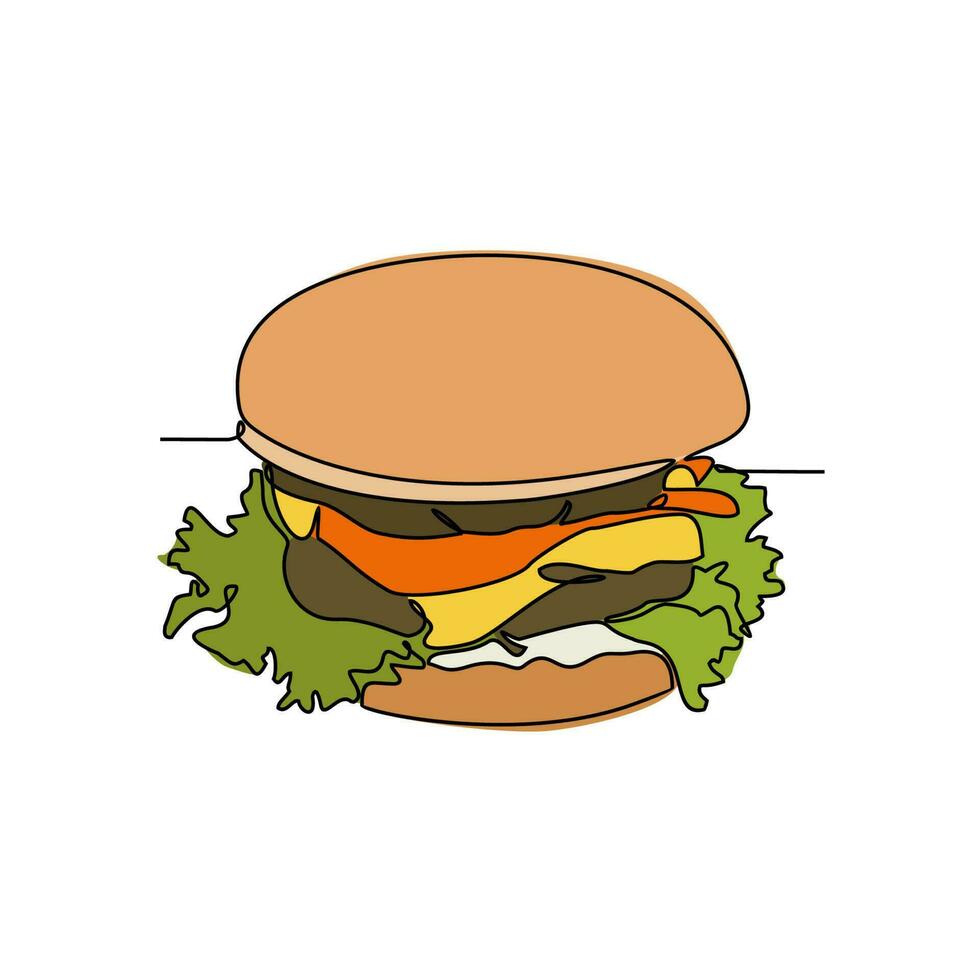ett kontinuerlig linje teckning av en hamburgare. mat illustration i enkel linjär stil. mat design begrepp vektor illustration