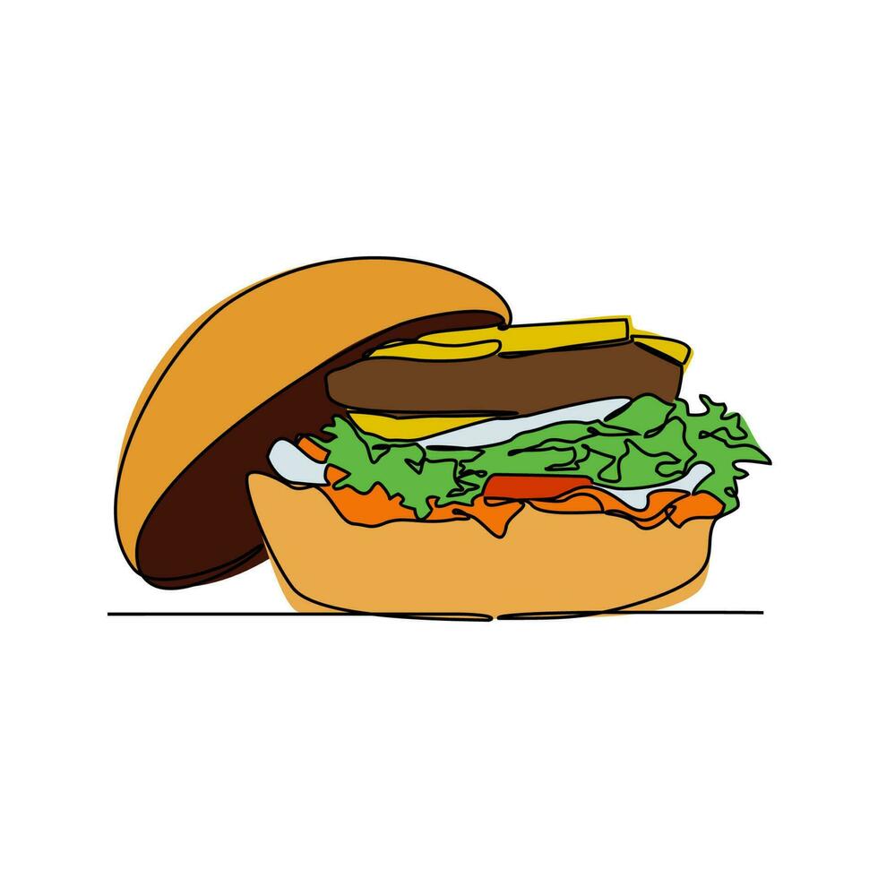 einer kontinuierlich Linie Zeichnung von ein Burger. Essen Illustration im einfach linear Stil. Essen Design Konzept Vektor Illustration