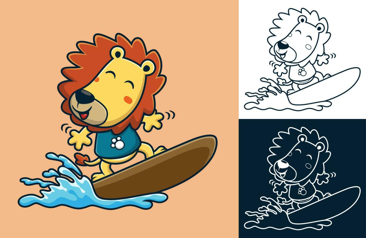 vektor illustration av söt lejon tecknad serie surfing på Vinka