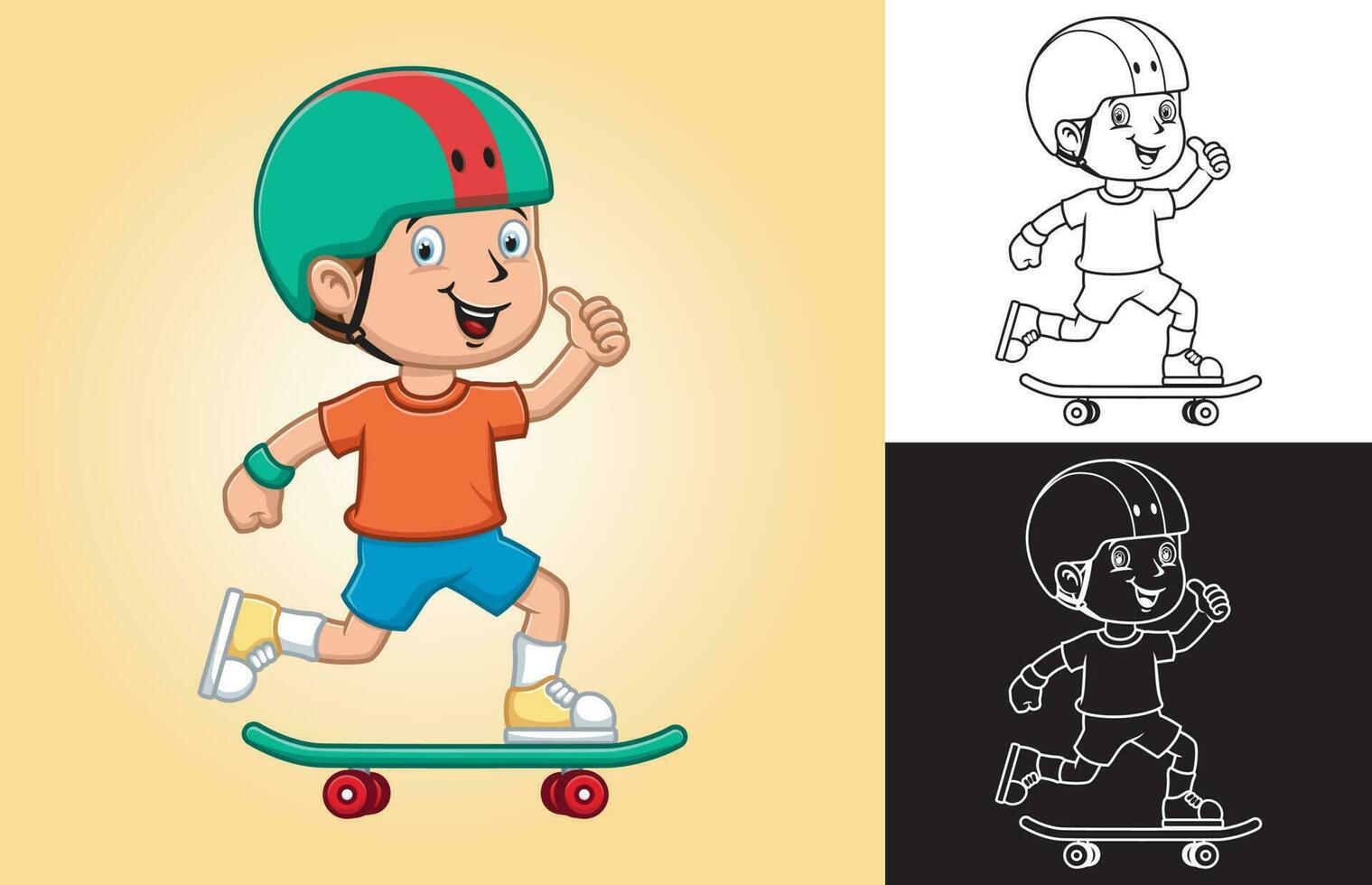Vektor Illustration von Karikatur wenig Junge spielen Skateboard