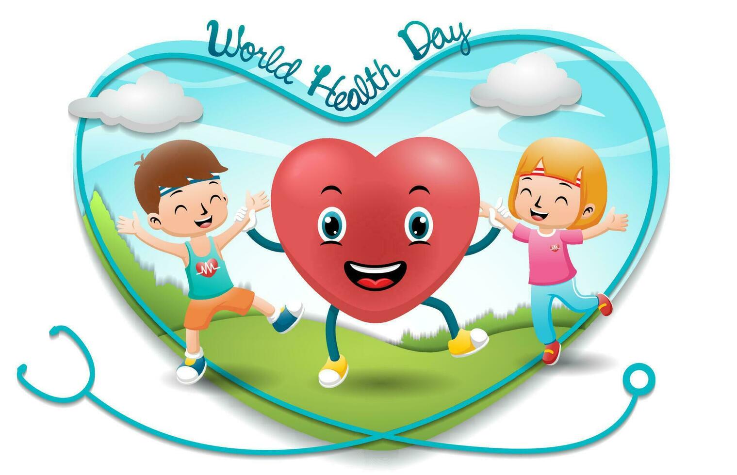 barn tecknad serie dans med rolig hjärta på natur bakgrund i stetoskop ram gräns, värld hälsa dag vektor