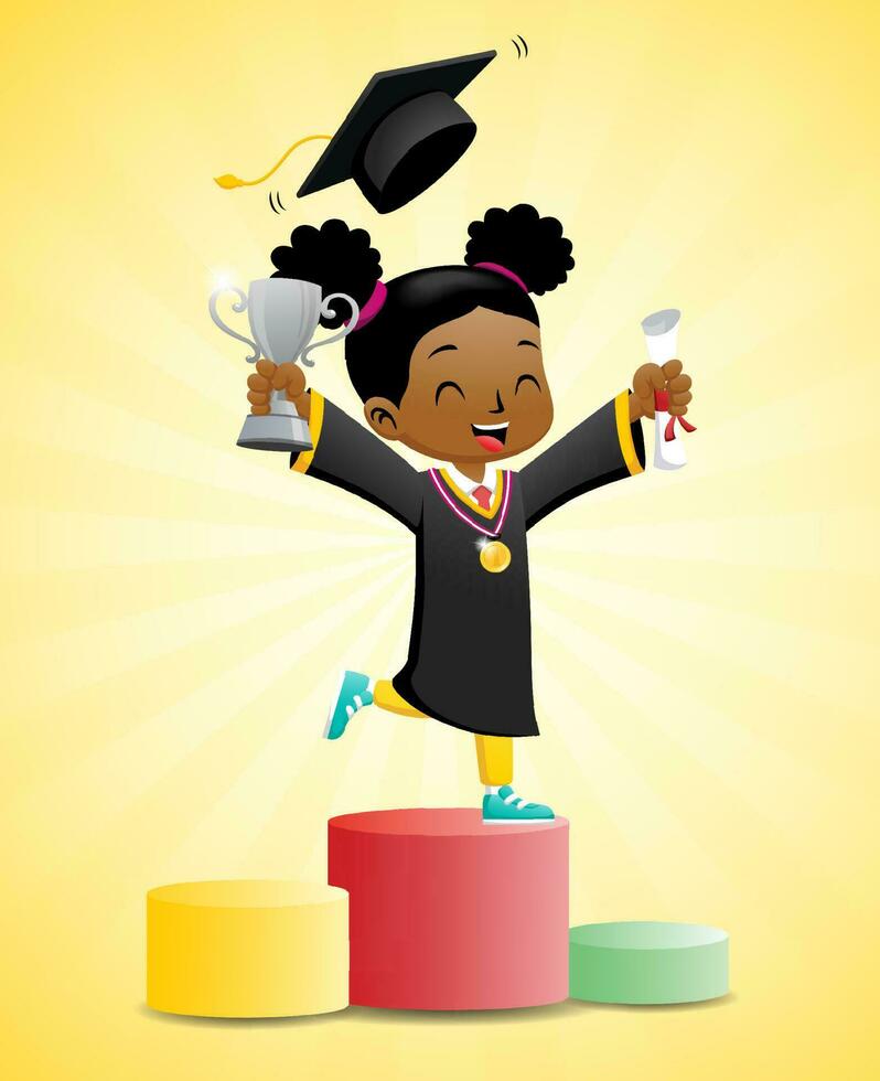 tecknad serie av afrikansk liten flicka i gradering kostym innehav diplom och trofén på podium vektor