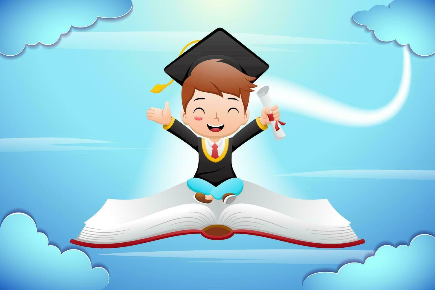 Junge Karikatur im Gelehrte Kostüm halten Diplom fliegend mit Buch auf Blau Himmel Hintergrund vektor