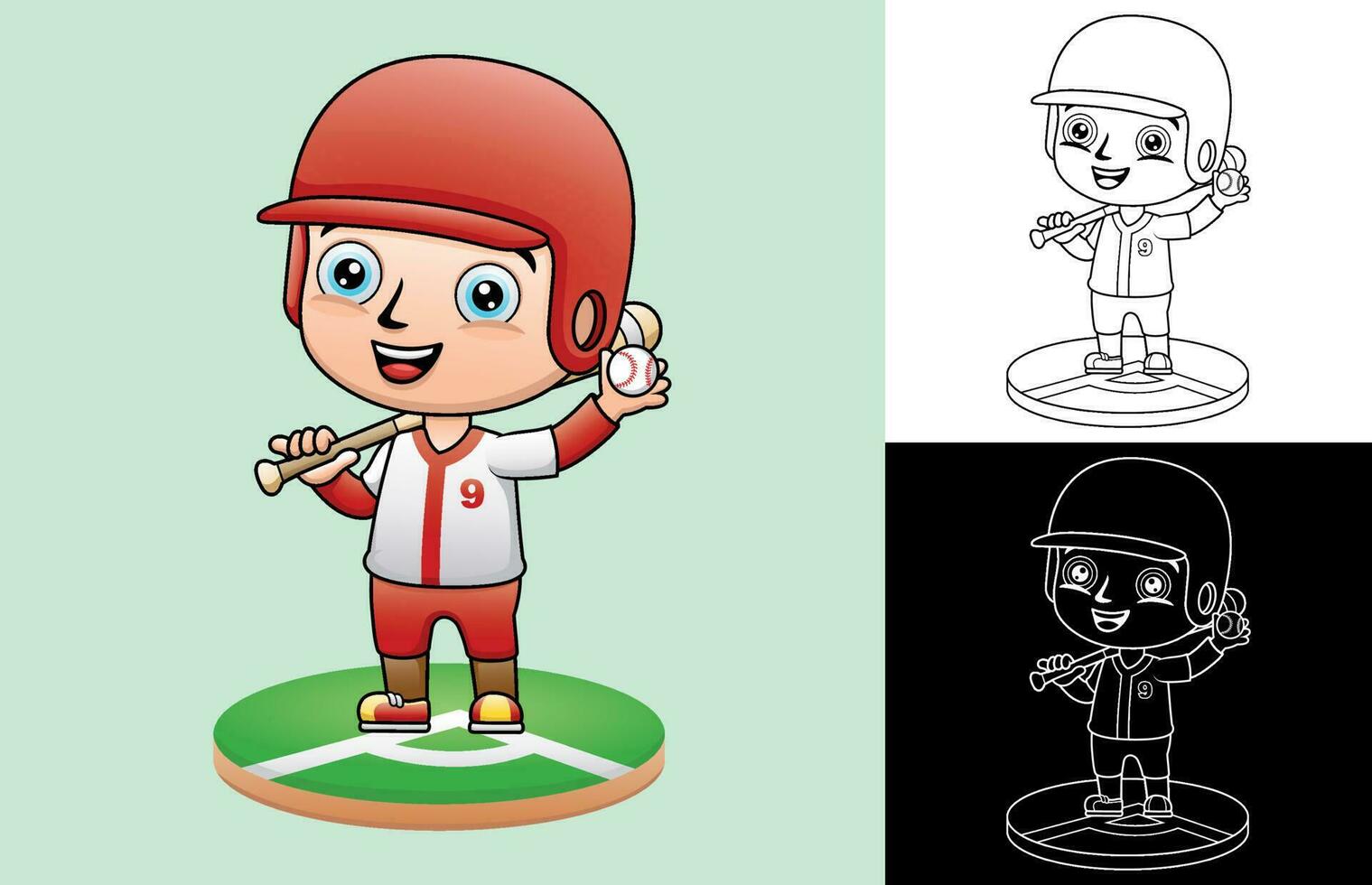 Vektor Karikatur von wenig Junge im Baseball Uniform mit Baseball Schläger und Ball