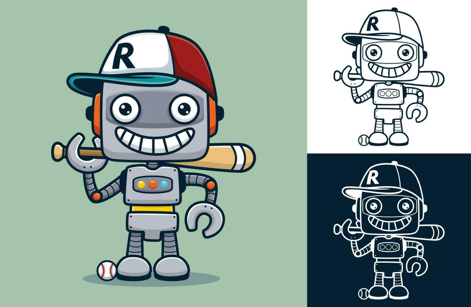 Vektor Illustration von komisch Roboter Karikatur tragen Baseball Deckel mit Baseball Ausrüstung