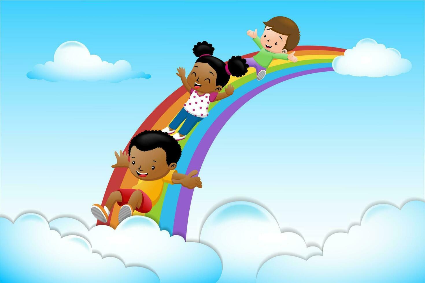 Karikatur von Kinder gleiten auf Regenbogen im das Himmel vektor